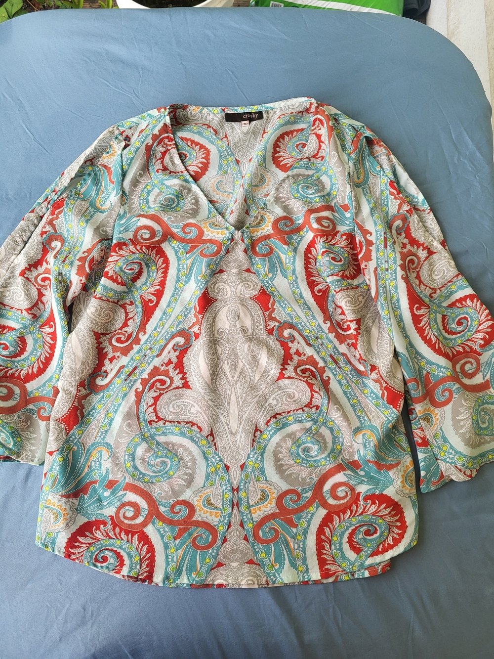 crosby. Paisley V-Neck Blouse in Red, Teal, Cream